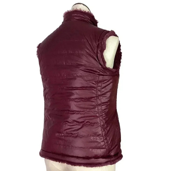 Nicole Miller Original Women S Fuax Fur Lined Reversible Quiled Zip Up Vest Wine - Picture 5 of 13